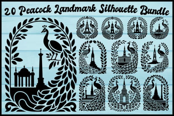Blending Heritage and Nature: The Artistic Power of the 20 Peacock Landmark Silhouette Bundle
