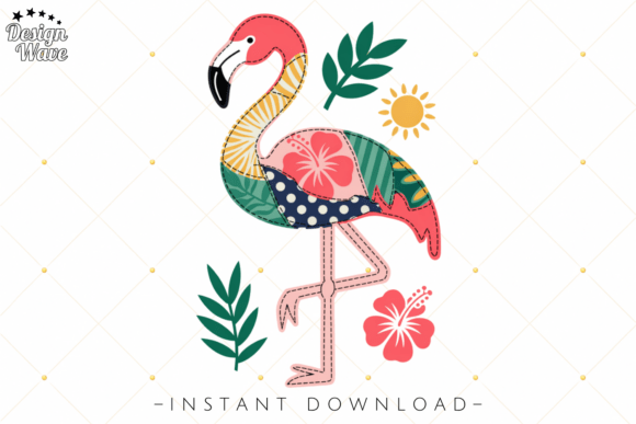 Elevate Summer Designs with Tropical Patchwork Flamingo Clipart PNG