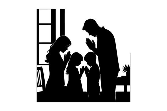 Family Praying Together at Home in Warm and Elegant Silhouette Clip Art