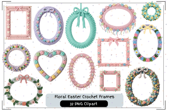 Floral Easter Crochet Frames PNG Bundle