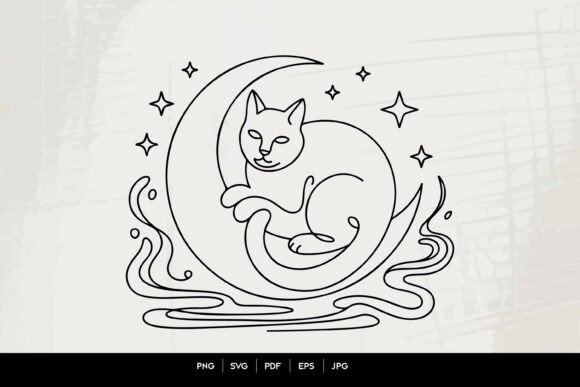 Mystical Cat Moon Line Art SVG Guide